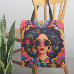 Sunglasses and Sass Tote Bag<br><div class="desc">Embrace your unique style and celebrate diversity with this amazing design. It's made for strong, independent women who love expressing themselves. The design shows a confident woman in bold colours and cool patterns, rocking stylish sunglasses and statement earrings. Vibrant flowers and abstract art represent creativity and togetherness. Bring boldness and...</div>