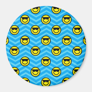 Sunglasses Happy Face on Blue Chevron Pattern Magnet