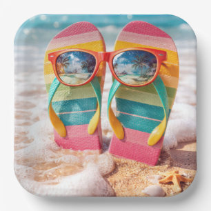 Sunglasses On Flip-flops In Beach Sand Paper Plate
