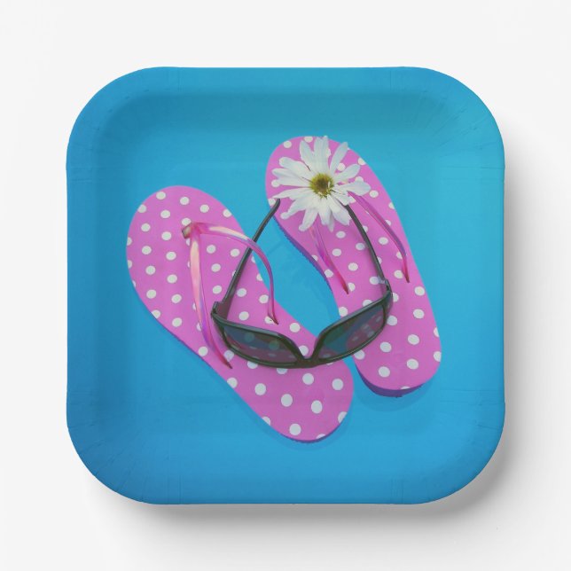 Sunglasses On Polka Dot Flip-flops Paper Plate (Front)