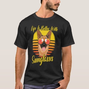 Sunglasses Retro Sunset Beach Vacation German Shep T-Shirt