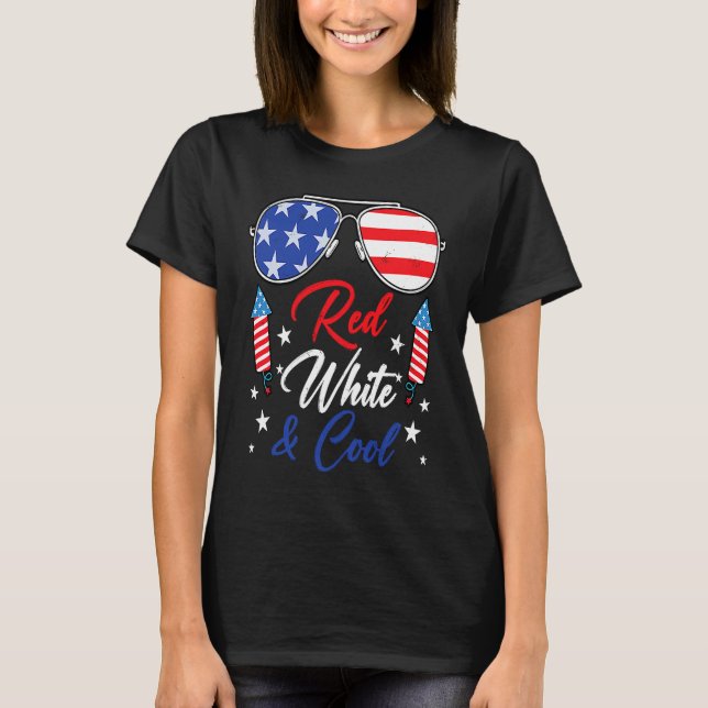 Sunglasses USA Flag Red White and Cool 4th of July T-Shirt (Front)