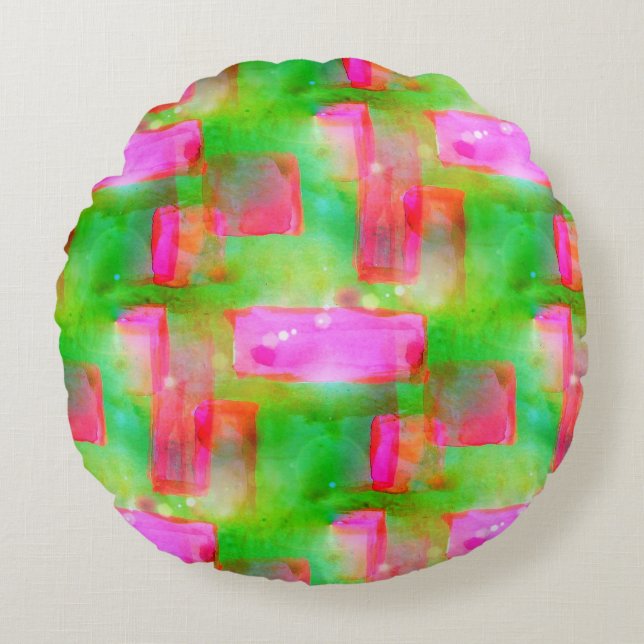 Sunlight abstract painted yellow, pink round cushion (Front)