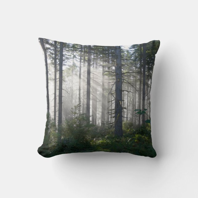 Sunlight Breaking Through a Misty Forest Cushion (Front)
