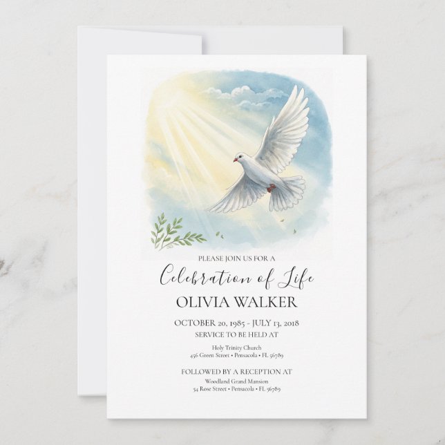 Sunlight Dove Funeral Celebration Invitation (Front)