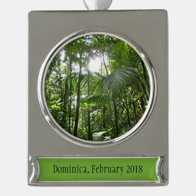 Sunlight Through Rainforest Canopy Tropical Green Silver Plated Banner Ornament (Front)