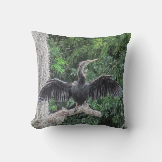 Sunlit Anhinga on a Mossy Branch  Cushion (Front)
