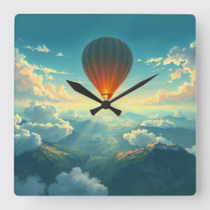 Sunlit Balloon Ride - Dreamlike Illustration Style Square Wall Clock