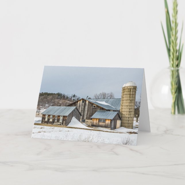 Sunlit Barns and Silos in Winter Card (Front)