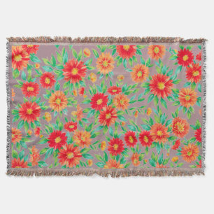 Sunlit Blooms" - Orange and Red Floral Woven Place Throw Blanket