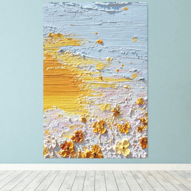 Sunlit Blossoms with Blue and Orange Textured  Canvas Print (Insitu(Wood Floor))