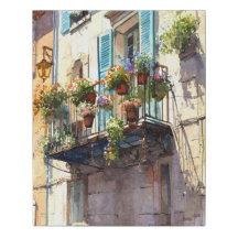 Sunlit Blue Shutter Balcony with Flowers