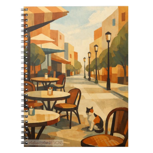Sunlit Café Street with Calico Cat Notebook (Front)