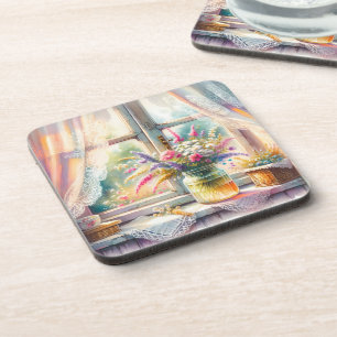 Sunlit Cottage Window Wildflowers Coaster