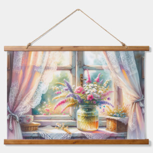 Sunlit Cottage Window Wildflowers Hanging Tapestry