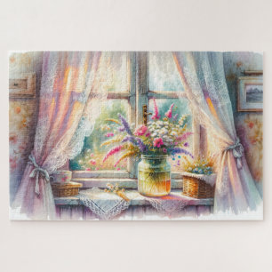 Sunlit Cottage Window Wildflowers Jigsaw Puzzle