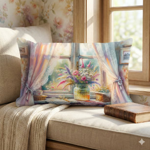 Sunlit Cottage Window Wildflowers Lumbar Cushion
