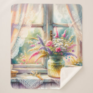 Sunlit Cottage Window Wildflowers Sherpa Blanket