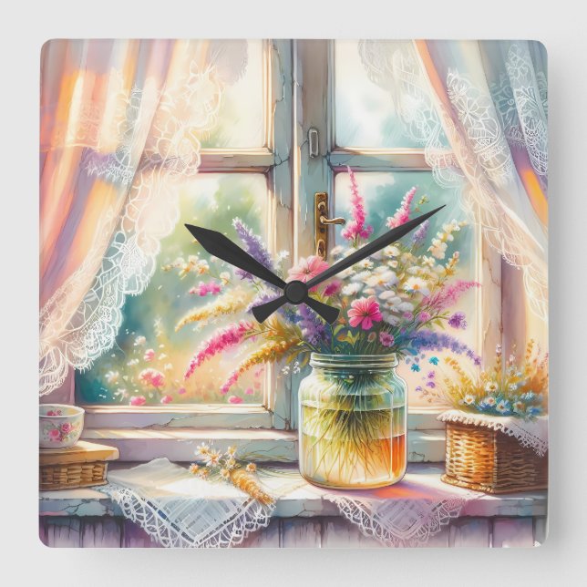 Sunlit Cottage Window Wildflowers Square Wall Clock (Front)