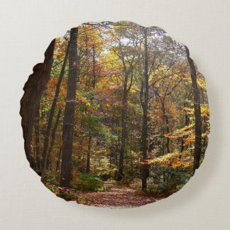 Sunlit Fall Trail in Laurel Hill State Park Round Cushion