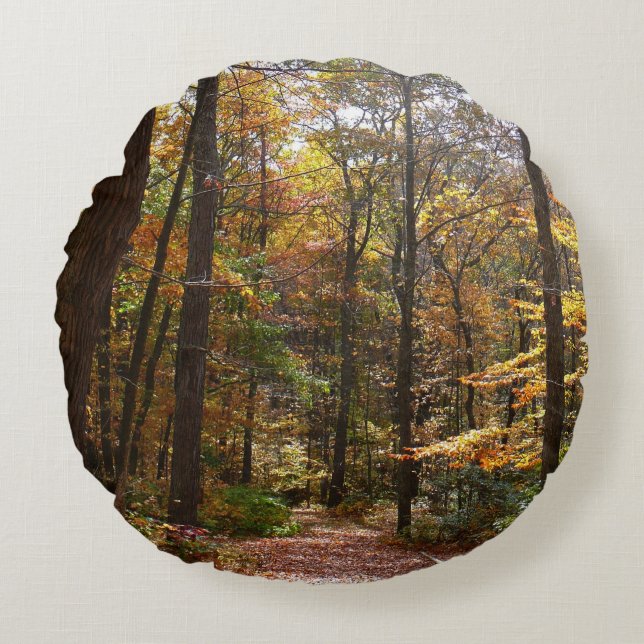Sunlit Fall Trail in Laurel Hill State Park Round Cushion (Front)