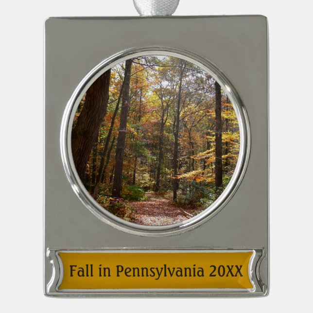 Sunlit Fall Trail in Laurel Hill State Park Silver Plated Banner Ornament (Front)