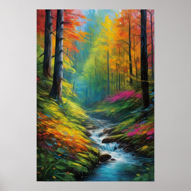 Sunlit Forest and Rushing Stream Poster (Front)