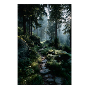 Sunlit Forest Path Through Ancient Pines Poster