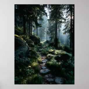 Sunlit Forest Path Through Ancient Pines Poster