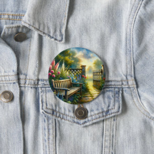 Sunlit Garden Pathway Gate Scene 7.5 Cm Round Badge
