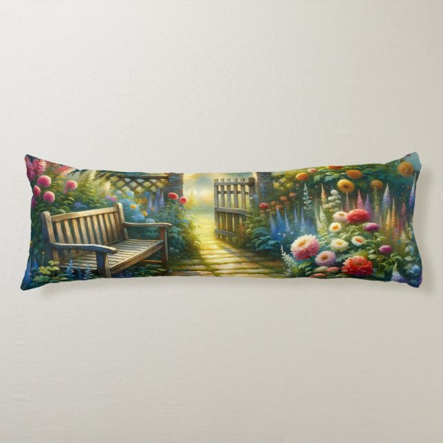 Sunlit Garden Pathway Gate Scene Body Cushion (Front)