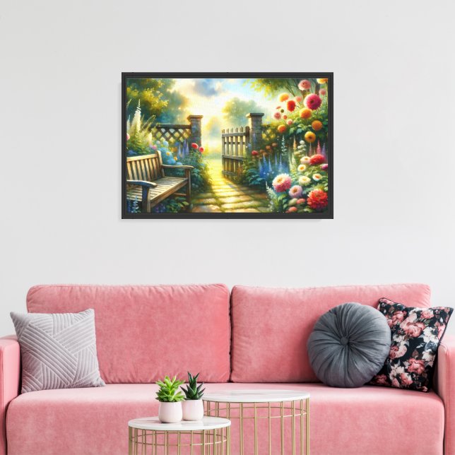 Sunlit Garden Pathway Gate Scene Canvas Print (Insitu(LivingRoom))