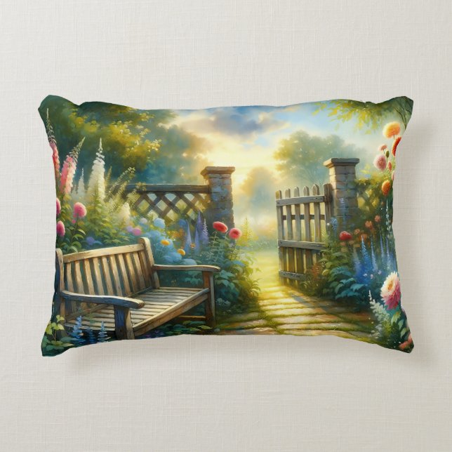 Sunlit Garden Pathway Gate Scene Decorative Cushion (Front)