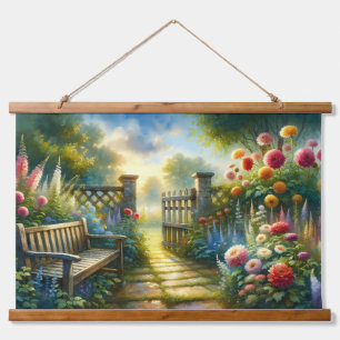 Sunlit Garden Pathway Gate Scene Hanging Tapestry