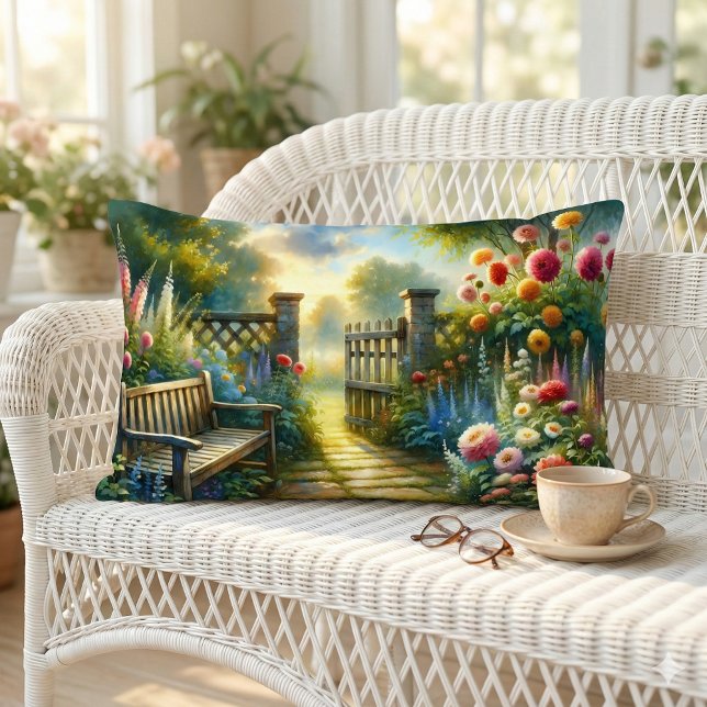 Sunlit Garden Pathway Gate Scene Lumbar Cushion (Sunlit Garden Pathway Gate Scene Lumbar Pillow Mockup A)