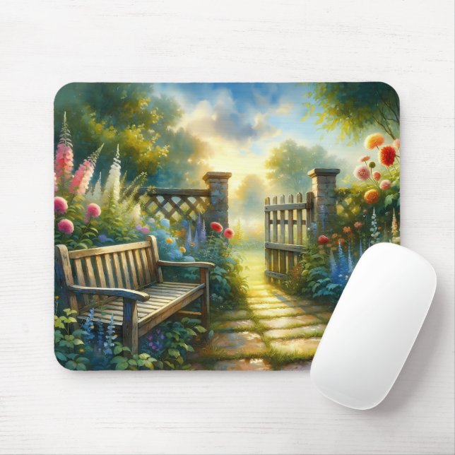 Sunlit Garden Pathway Gate Scene Mouse Pad (With Mouse)
