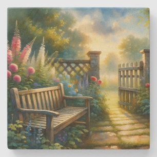 Sunlit Garden Pathway Gate Scene Stone Coaster