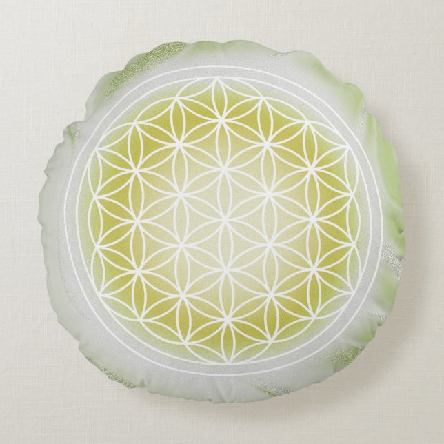 Sunlit Harmony Flower of Life Round Cushion (Front)