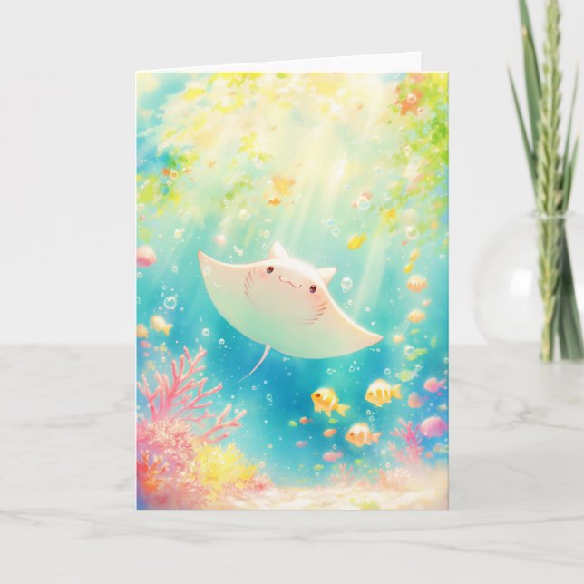Sunlit Manta Ray Gliding Through the Reef Card (Front)