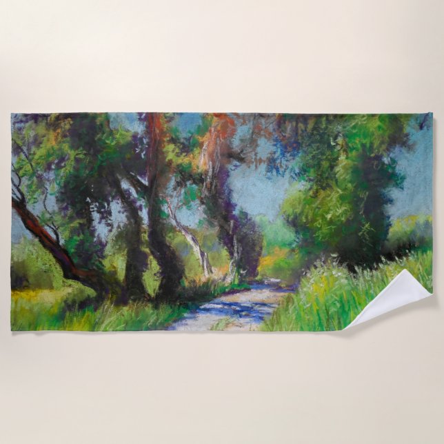 Sunlit Olive Grove Pastel Landscape Beach Towel (Front)