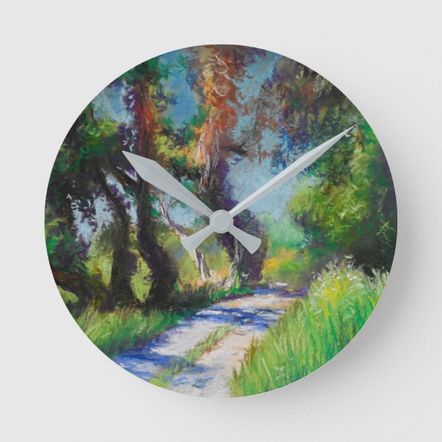 Sunlit Olive Grove Pastel Landscape Round Clock (Front)