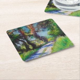 Sunlit Olive Grove Pastel Landscape Square Paper Coaster