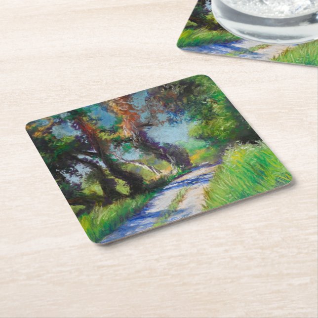 Sunlit Olive Grove Pastel Landscape Square Paper Coaster (Angled)