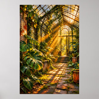 Sunlit Overgrown Greenhouse - Golden Hour Poster