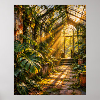 Sunlit Overgrown Greenhouse - Golden Hour Poster