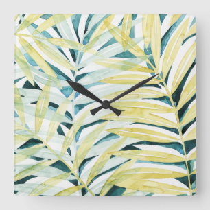 Sunlit Palms - Palm Tree Leaves Square Wall Clock