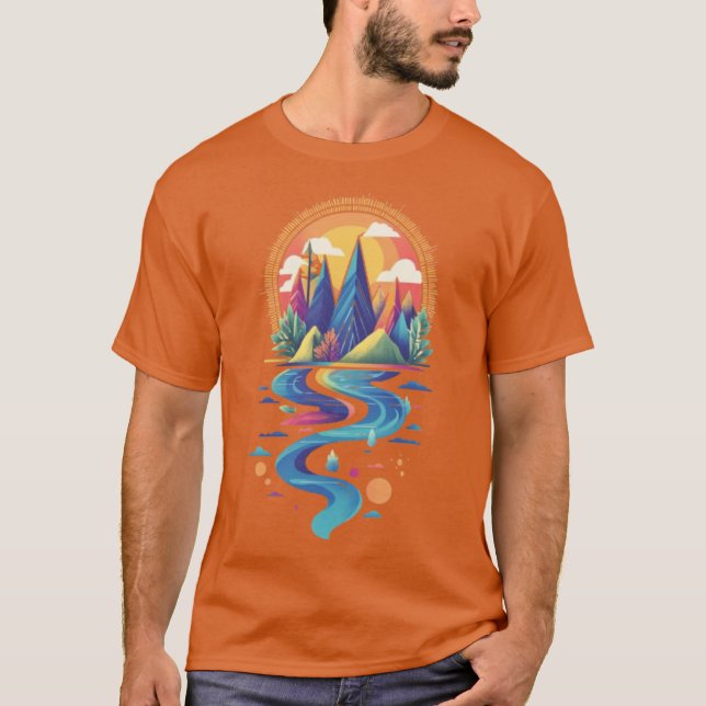 Sunlit Peaks and Flowing River T-Shirt (Front)