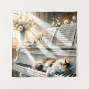 Sunlit Piano Cat Cottagecore Dream Tapestry