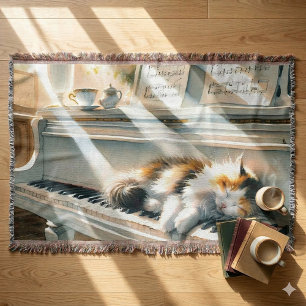 Sunlit Piano Cat Cottagecore Dream Throw Blanket
