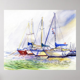Sunlit Sailboats in a Harbour Watercolor Seascape Poster